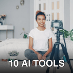 Smiling woman filming a vlog in cozy indoor setting with plants and soft lighting.