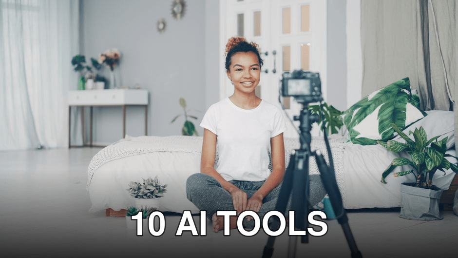 Smiling woman filming a vlog in cozy indoor setting with plants and soft lighting.