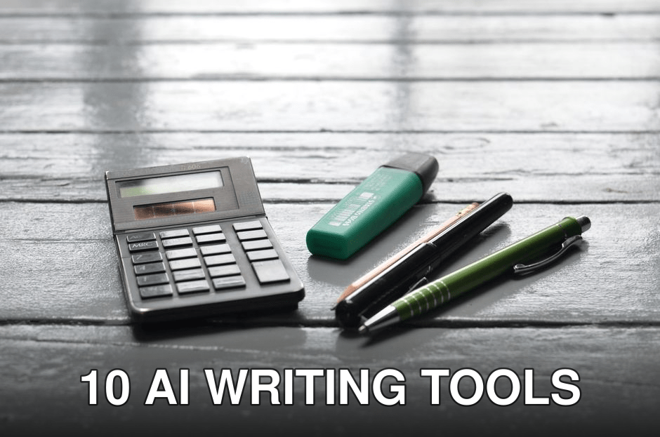 High angle of small electronic calculator green marker and pens on wooden table in office