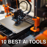 Detailed view of a 3D printer creating an object with orange components.