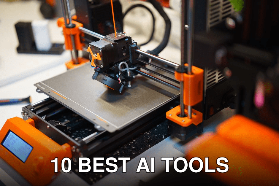Detailed view of a 3D printer creating an object with orange components.