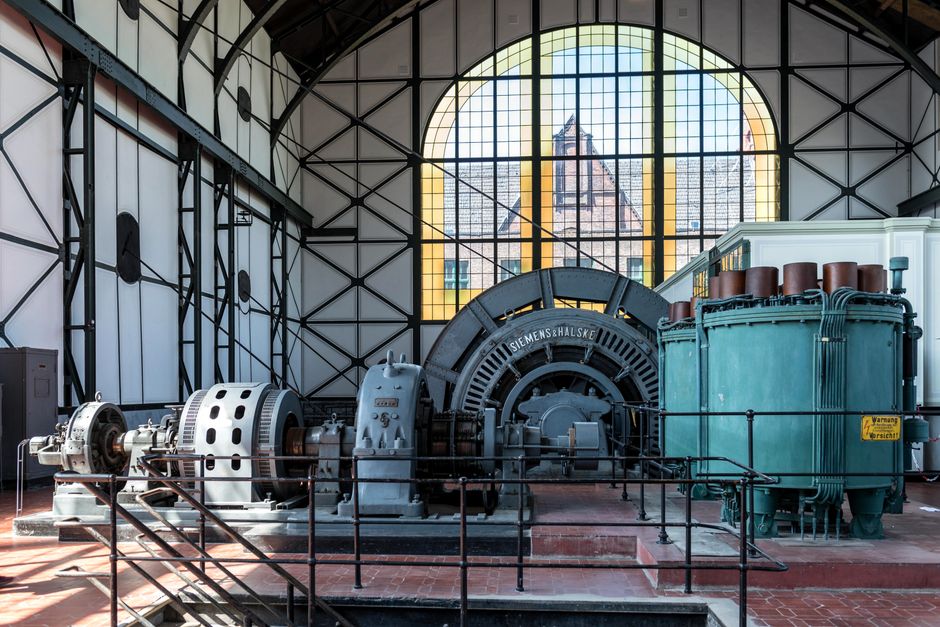 Interior view of the Siemens Halske generator at historic Zeche Zollern mine museum in Dortmund, Germany.