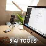 A modern workspace with an iMac displaying Google search, perfect for remote work setups.