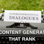 Close-up of a vintage typewriter outdoors with paper reading 'Intergenerational Dialogues'.