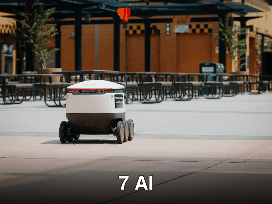 Futuristic delivery robot navigating an empty outdoor plaza, symbolizing modern innovation and mobility.