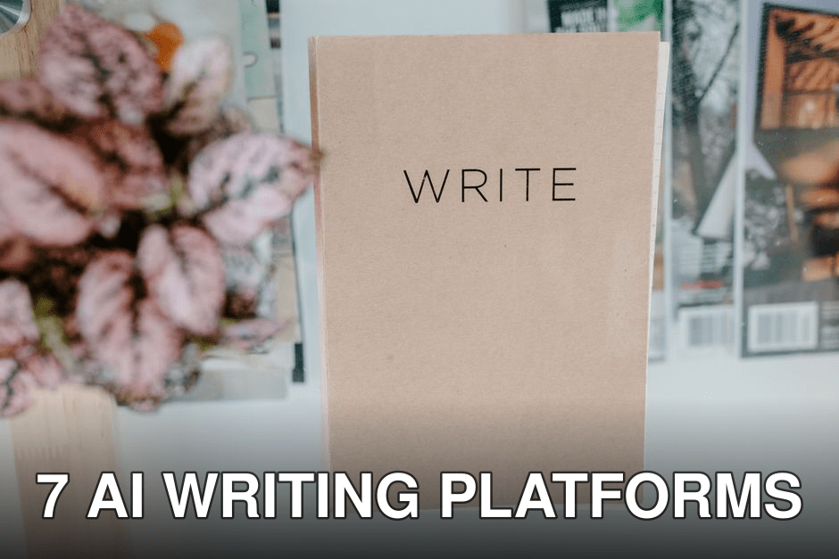 Top view of a notebook labeled 'WRITE' on a glass table with magazines and a potted plant.