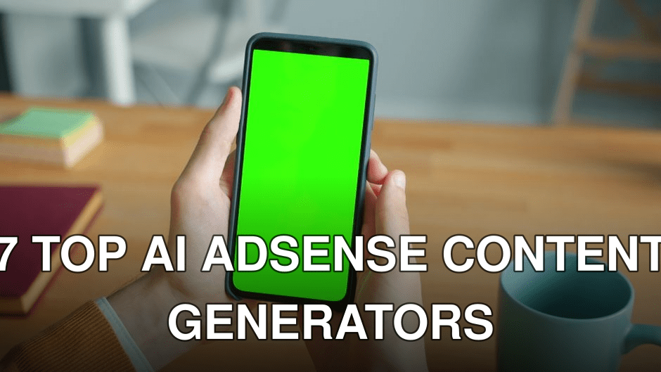 Close-up of a person holding a smartphone with a green screen and a mug on a wooden table.