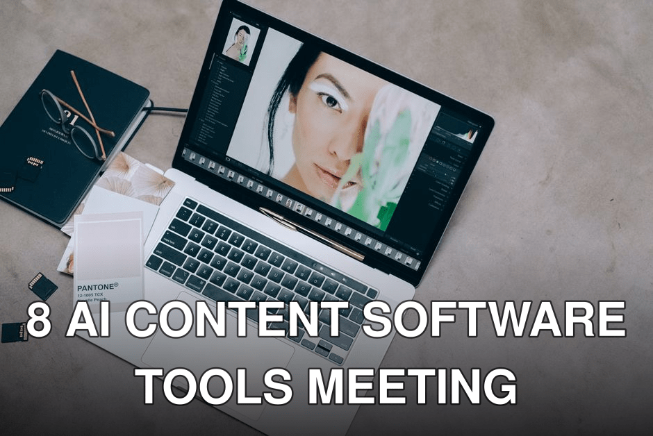 High-angle view of a creative workspace with a laptop, eyeglasses, and photography editing elements.