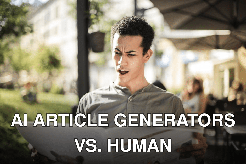 A surprised man in casual wear reads a newspaper while sitting outdoors, expressing shock.