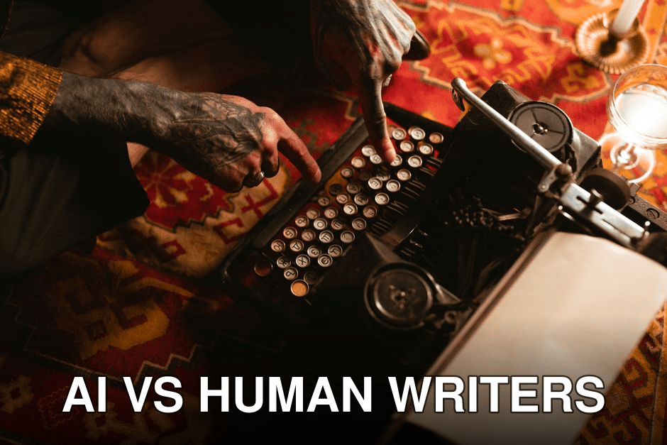 Close-up of tattooed hands typing on a vintage typewriter placed on a patterned carpet, creating a retro feel.