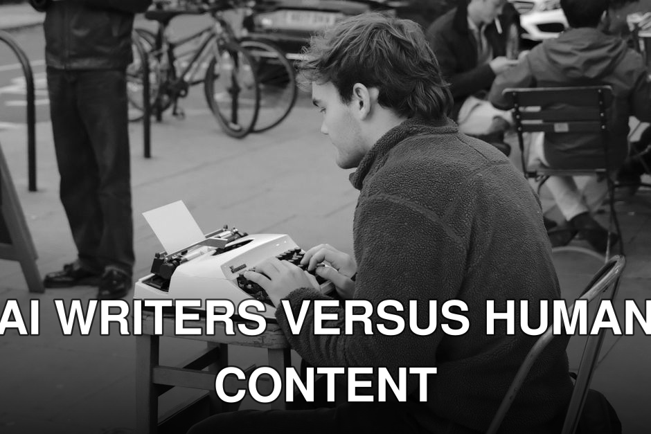 A man typing on a typewriter outdoors in a bustling street scene in England.