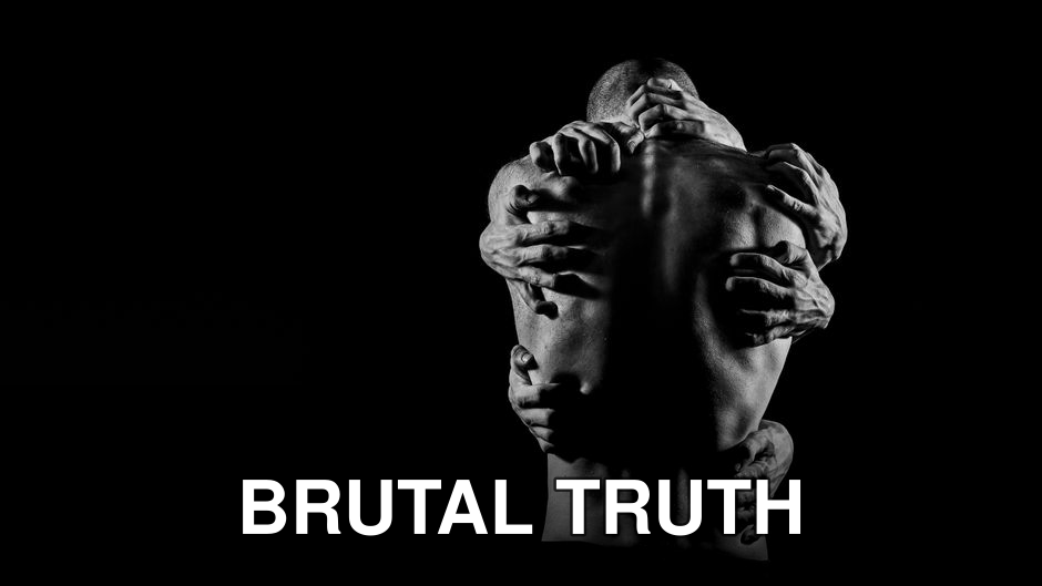 A powerful black and white image depicting multiple hands grasping a man's bare back, symbolizing complex emotions.