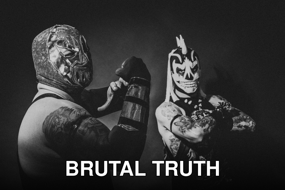 Two masked luchadores showcasing dynamic poses in dramatic black and white.