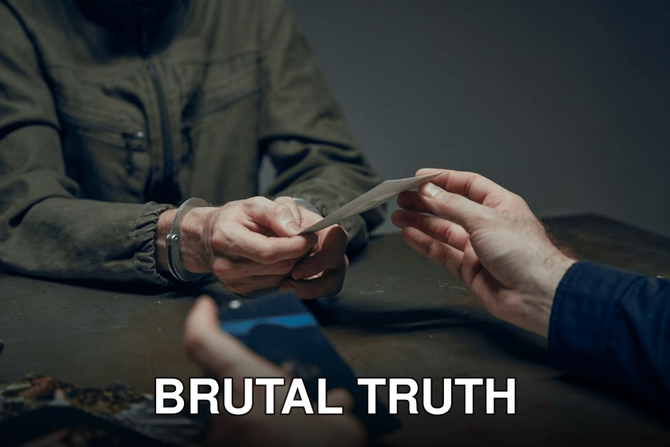 Hands exchanging evidence during an interrogation scene in a dimly lit room.