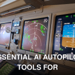 Detailed view of airplane cockpit controls and instruments during daylight.