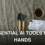 Flat lay of gardening tools, gloves, and pot on burlap surface.