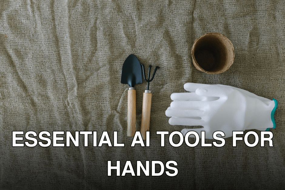 Flat lay of gardening tools, gloves, and pot on burlap surface.
