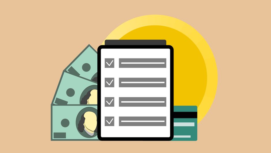Vector illustration of modern tablet with check marks placed near dollar banknotes and credit card