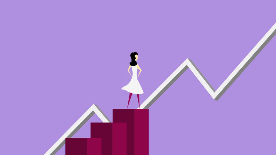 Isometric vector illustration of female character standing on column graph and analyzing rising line graph on violet background