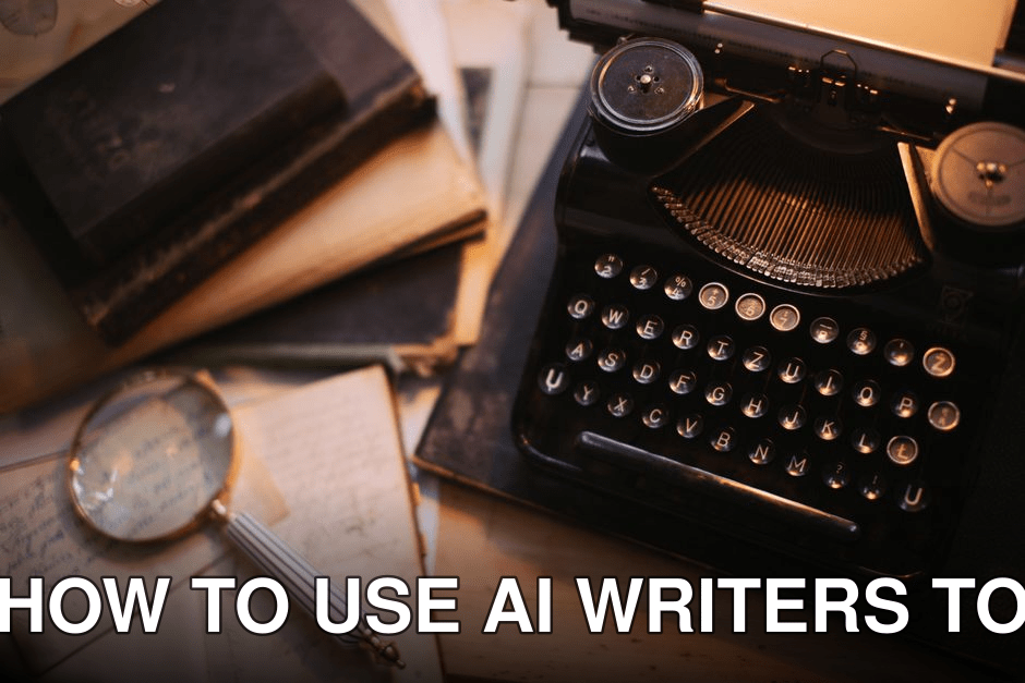 A vintage typewriter with a magnifying glass and old books on a desk, evoking nostalgia.