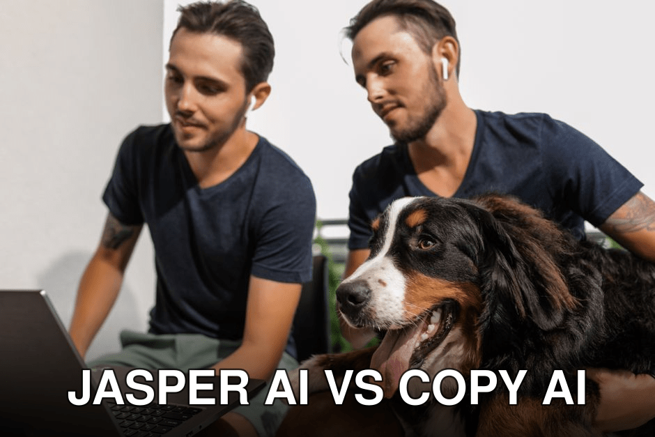 Two men relaxing with a Bernese Mountain Dog while using a laptop indoors.