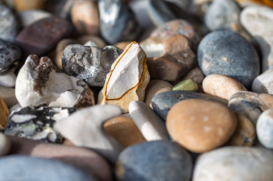 A detailed view of various colored stones and pebbles, showing natural textures and shapes.
