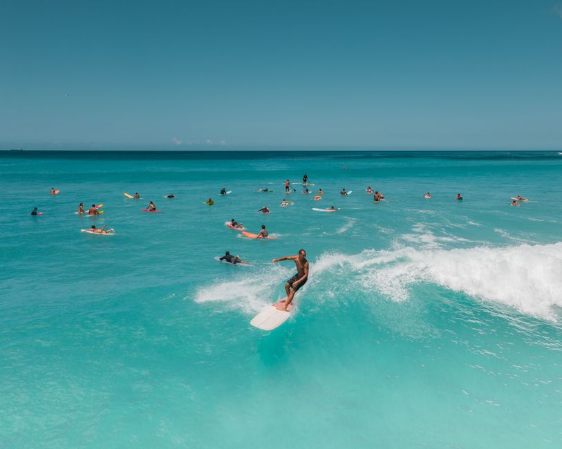 Experience the thrill of surfing in crystal clear Hawaiian waters with a group of enthusiastic surfers riding waves.