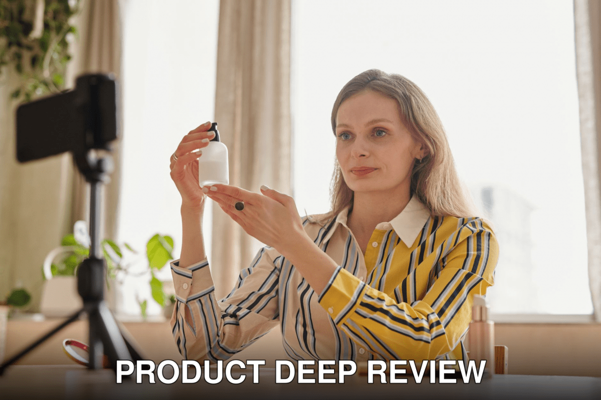Woman demonstrates skincare product during a vlog in a cozy indoor setting.