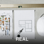 Blueprints, spirit level, and hard hat symbolize house planning.