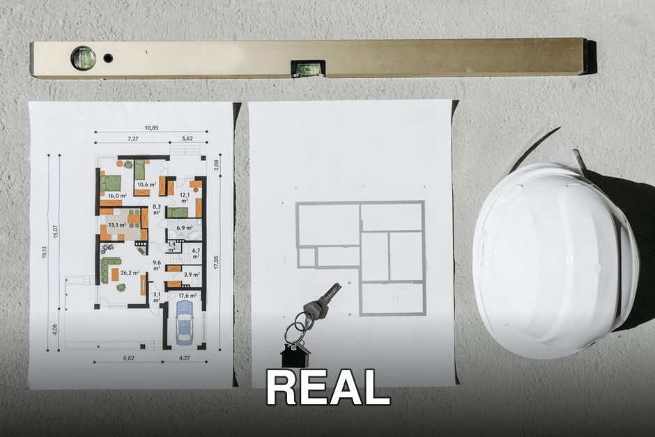 Blueprints, spirit level, and hard hat symbolize house planning.