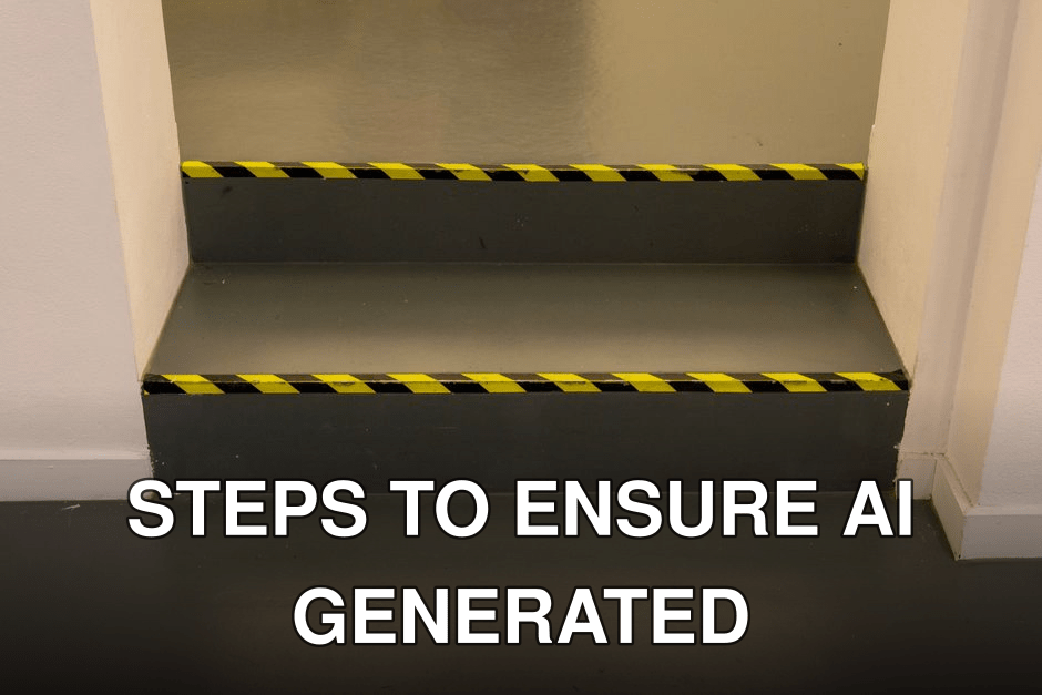 Green steps with black and yellow caution tape in an interior hallway for safety.