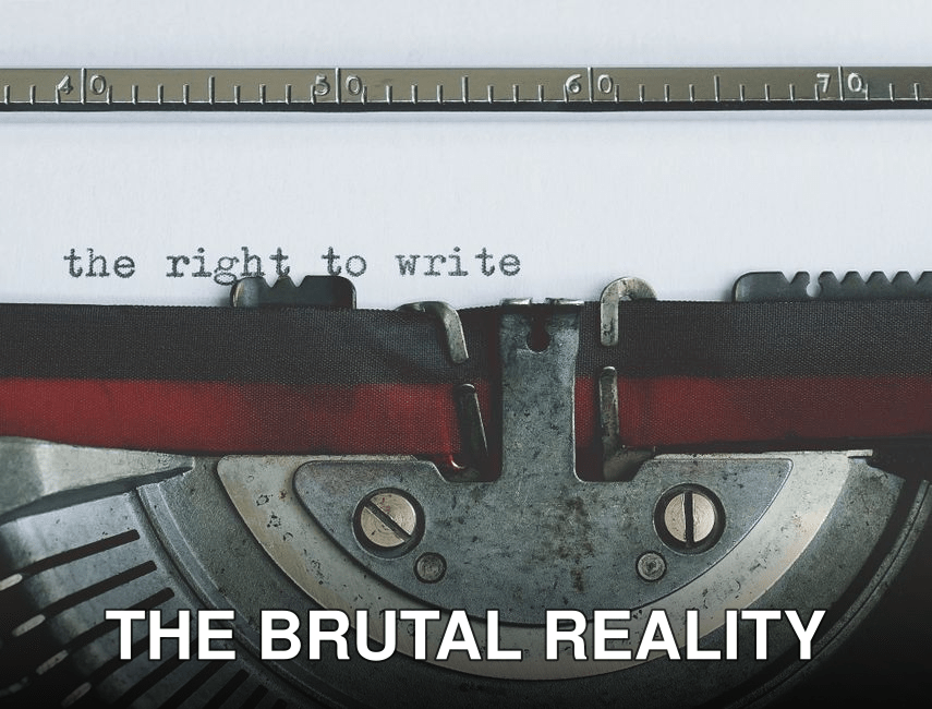 Close-up of a vintage typewriter with 'the right to write' typed on paper.