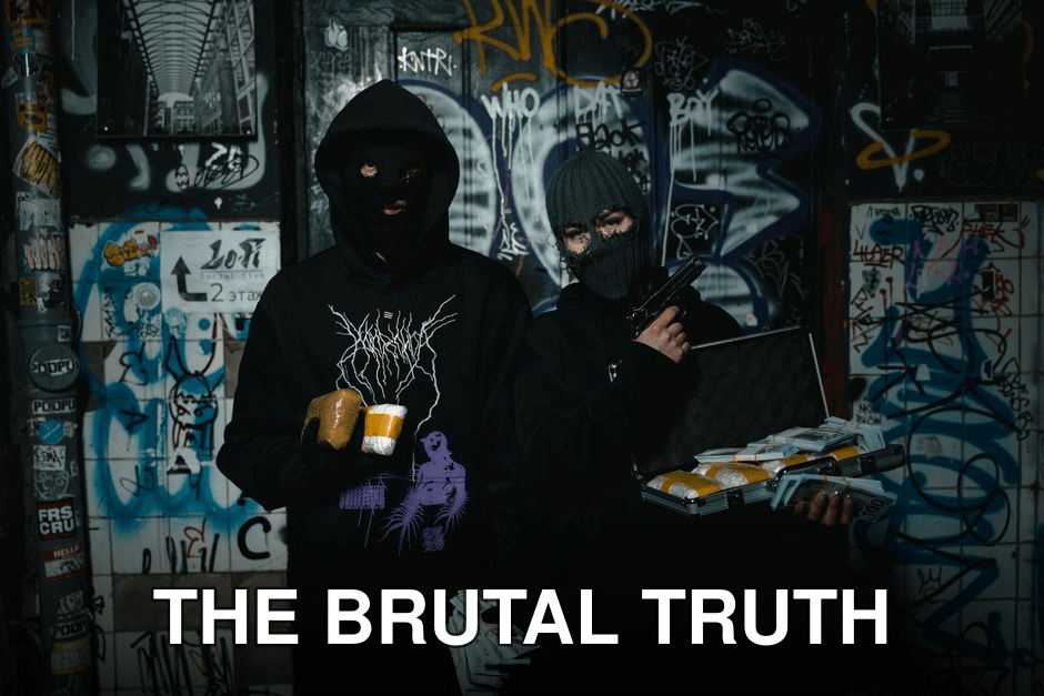 Two masked individuals holding packages and a gun in a graffiti-covered alley.