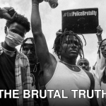 Black and white photo of activists protesting against police brutality.