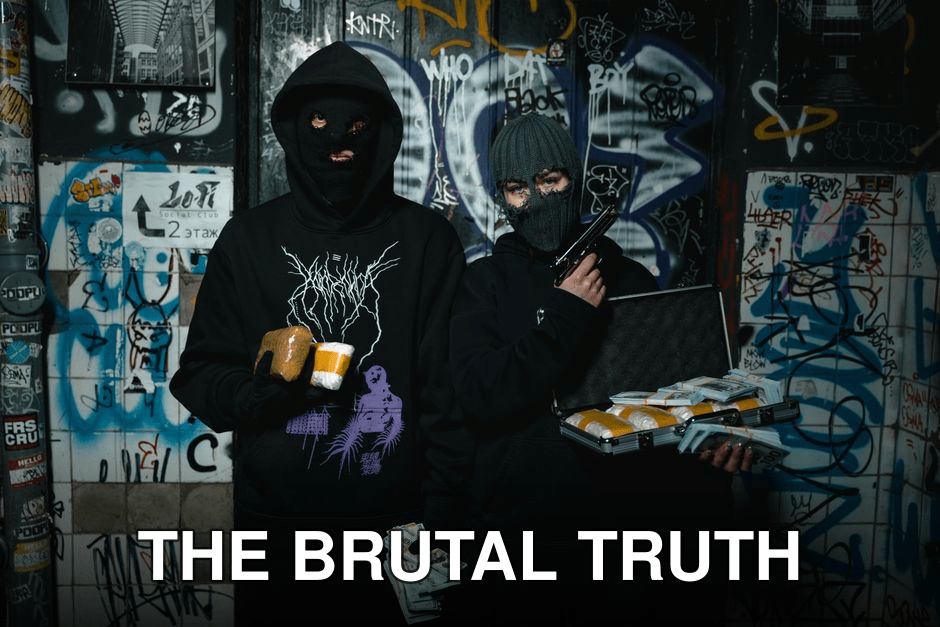 Two masked individuals holding cash, gun, and briefcase in a graffiti-covered alley.