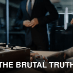 Tattooed man in an investigation room with a vintage recorder, suggesting interrogation or investigation scenario.