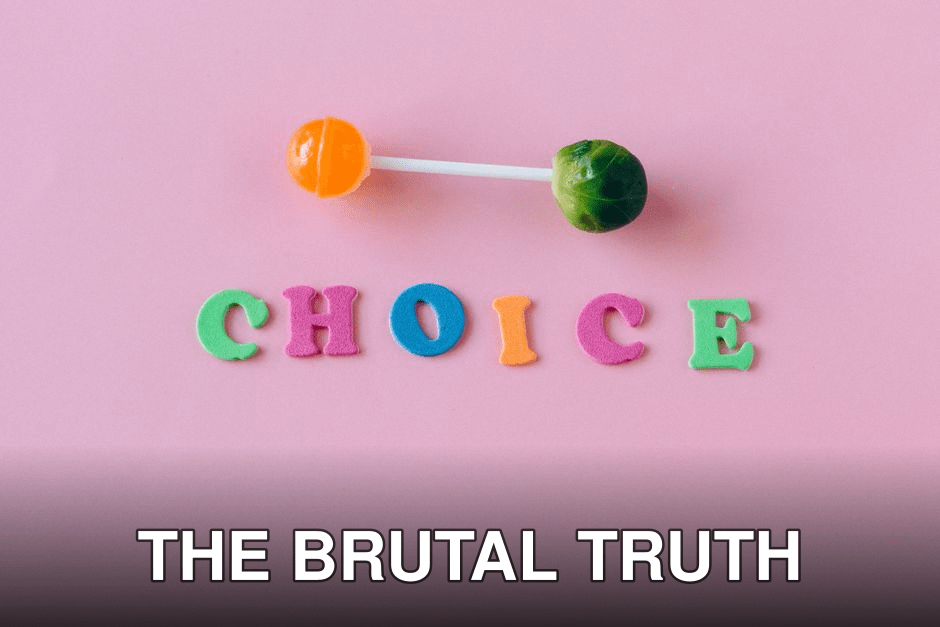 Colorful choice between candy and vegetable on pink background.