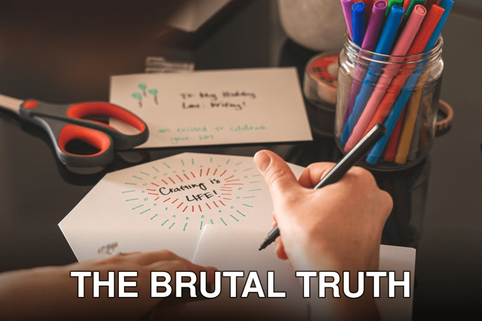A creative workspace featuring colorful markers, scissors, and a handwritten card reading 'Crafting is Life!'.