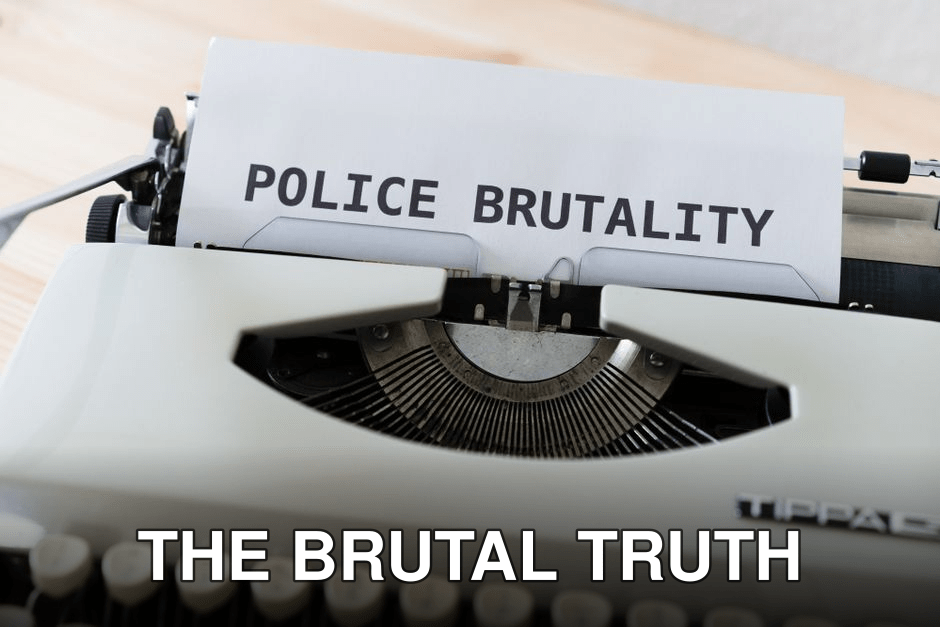 Close-up of a typewriter with the text 'POLICE BRUTALITY' on paper, highlighting the message of awareness.