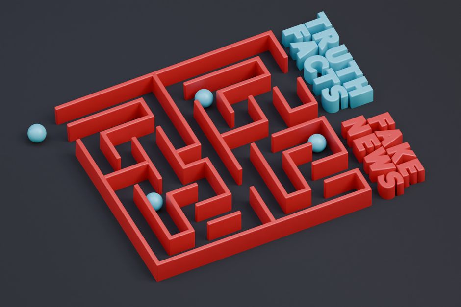 3D render of a red maze labeled with fake news and truth concepts.