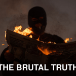 A masked person holds a burning newspaper in dramatic low light, evoking mystery.