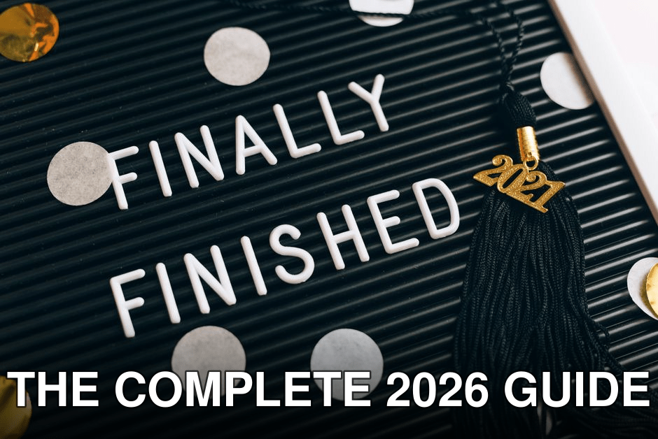 Close-up of a letter board with 'Finally Finished' text and 2021 graduation tassel.