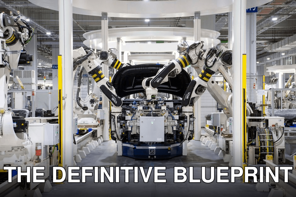 High-tech robots assembling a car in a modern factory setting, showcasing automation.