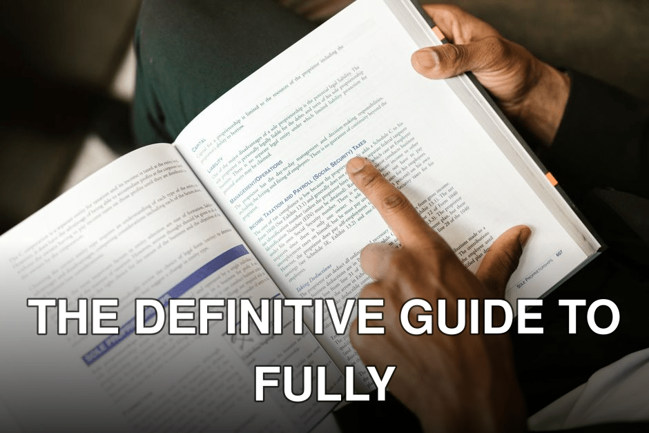 An adult reading a book on taxes, focusing on specific text with a pointing finger.