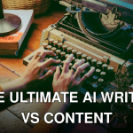 A cozy scene with a vintage typewriter and hands typing indoors beside books and flowers.