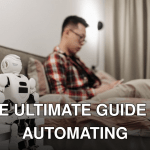 A modern bedroom featuring a robot on a bedside table and a man sitting on a bed.