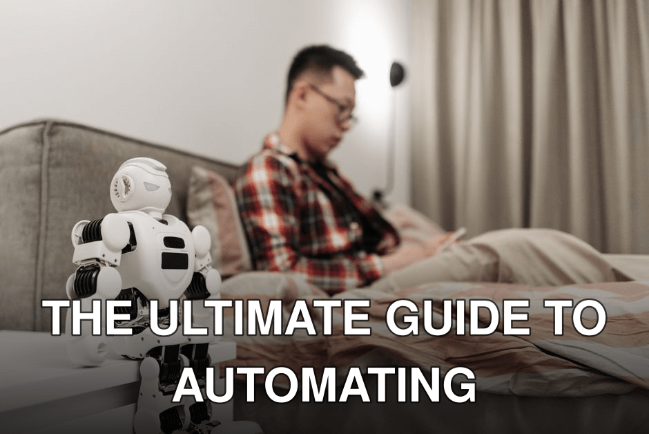 A modern bedroom featuring a robot on a bedside table and a man sitting on a bed.