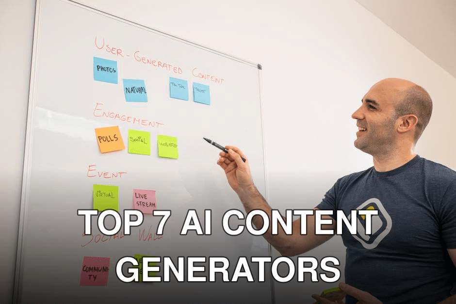 Smiling man presents strategies on a whiteboard with post-its, focusing on engagement and user-generated content.