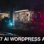 Mechanic working in a dimly lit garage, highlighted by neon lights and tools around.