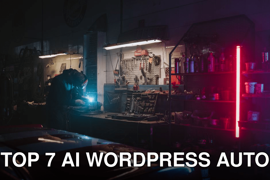 Mechanic working in a dimly lit garage, highlighted by neon lights and tools around.